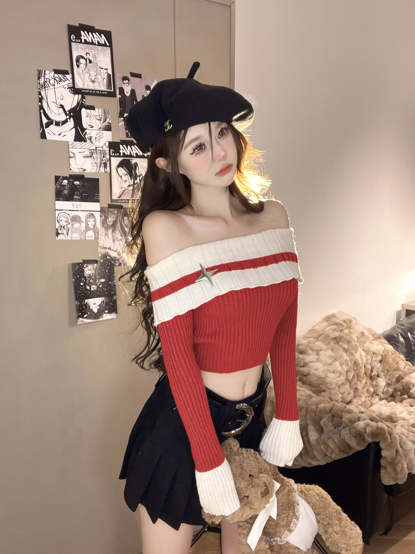 Pharita-Inspired Red Off-Shoulder Knit Top – BabyMonster Edition