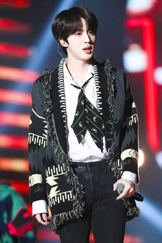Jin-Inspired Black Aztec Frilled Cardigan – BTS Edition