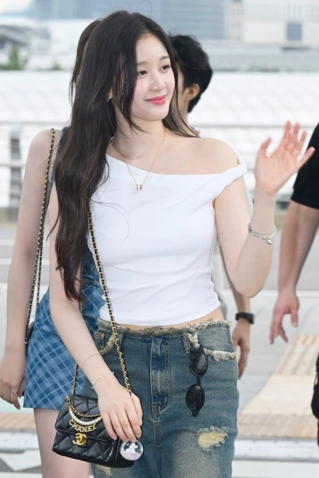 Pharita-Inspired White Rolled Asymmetrical Sleeves Top – BabyMonster Edition