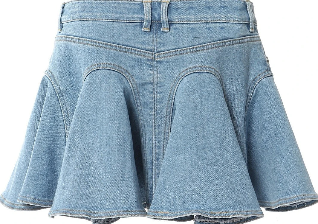 Ruka-Inspired Blue Zip-Up Ruffled Denim Skirt – BabyMonster Edition