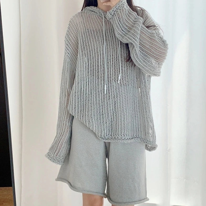 Jungkook-Inspired Grey Fishnet Drawstring Hoodie – BTS Edition