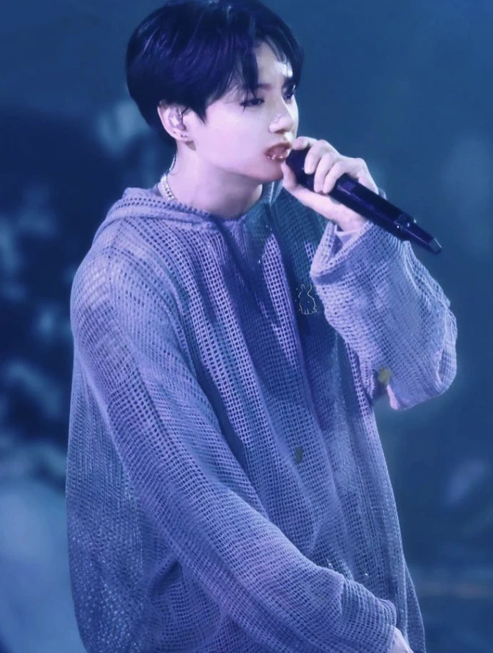 Jungkook-Inspired Grey Fishnet Drawstring Hoodie – BTS Edition