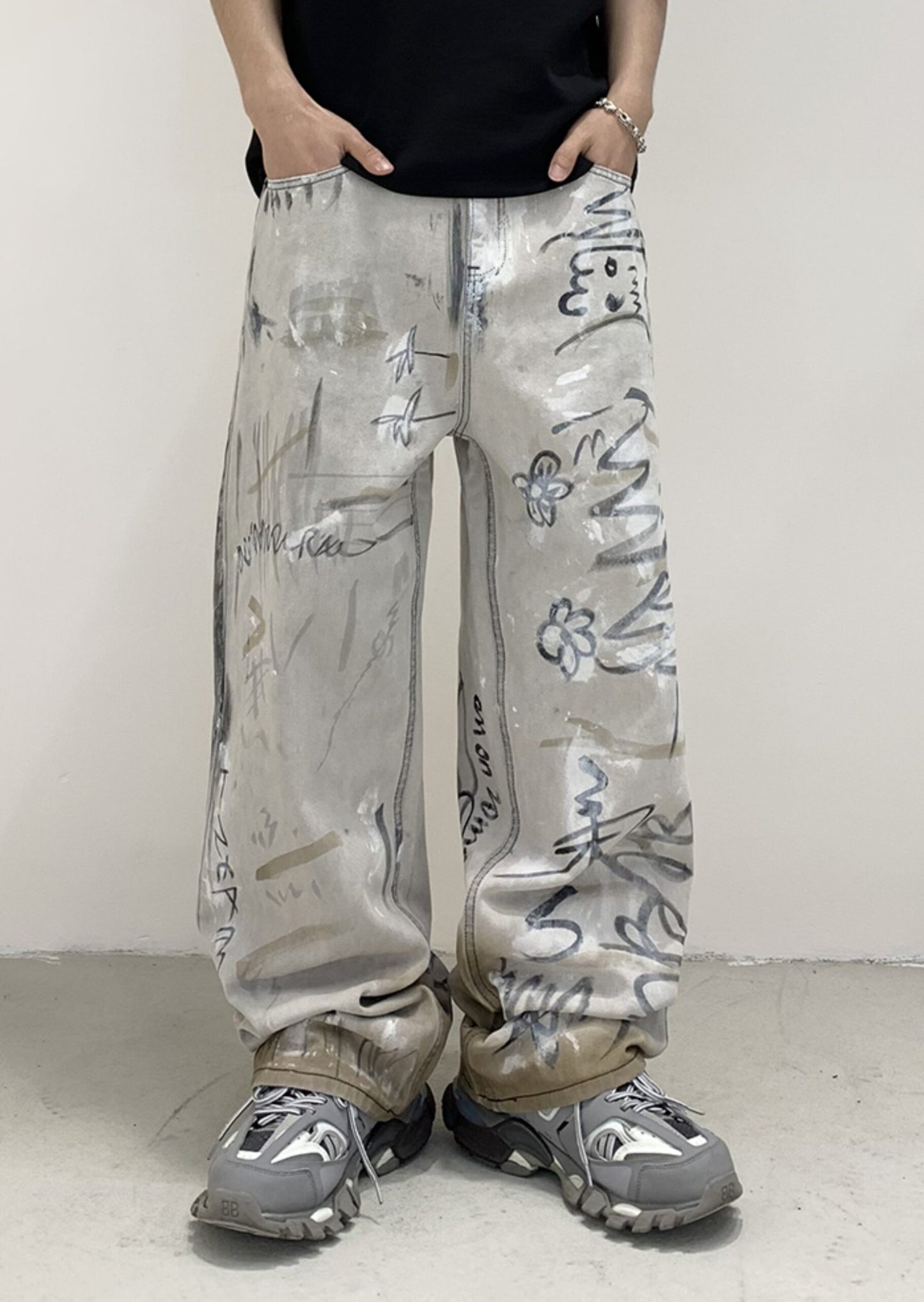 Jungkook-Inspired Grey Graffiti Jeans – BTS Edition