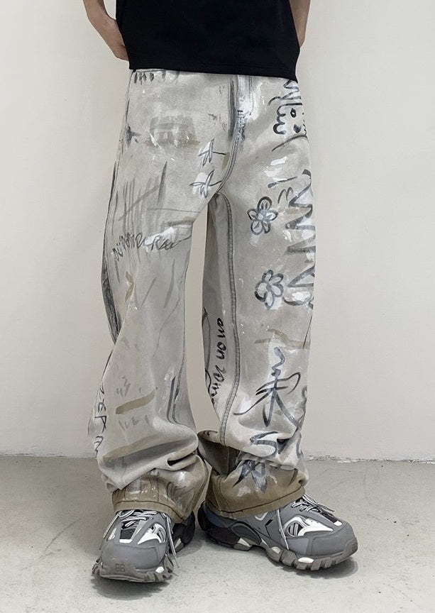 Jungkook-Inspired Grey Graffiti Jeans – BTS Edition
