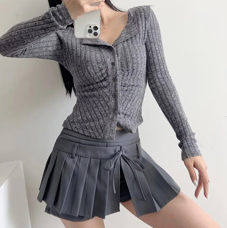 Ruka-Inspired Grey Pleated Tie-Waist Skort – BabyMonster Edition