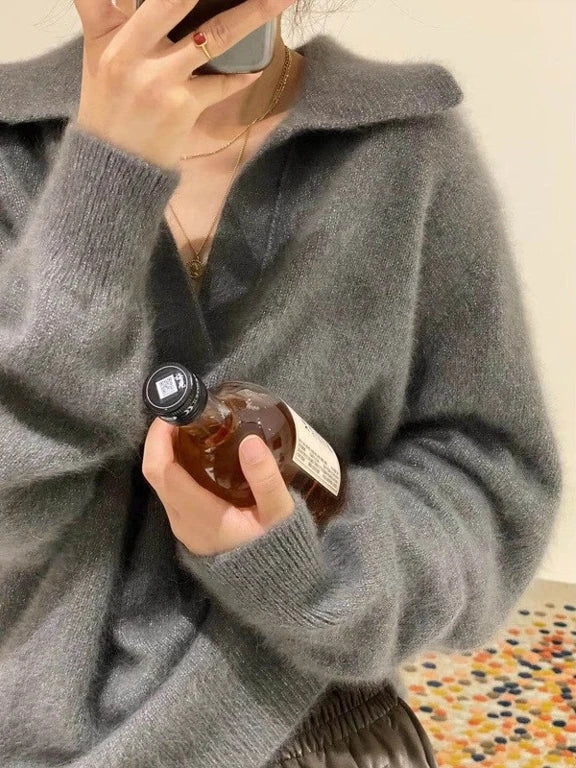 Taehyung-Inspired Grey Wide Collar Mink Sweater – BTS Edition