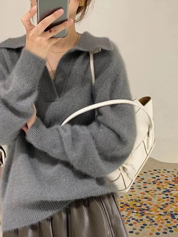 Taehyung-Inspired Grey Wide Collar Mink Sweater – BTS Edition