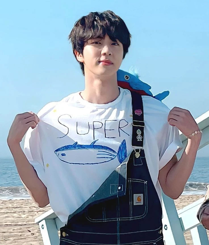 Jin-Inspired White “Super Tuna” T-Shirt – BTS Edition