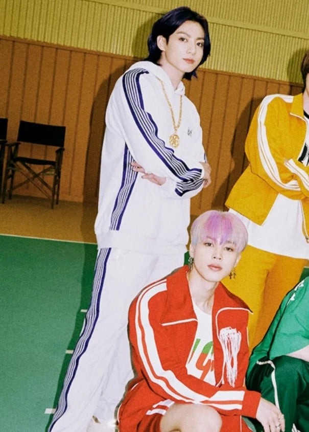 Jungkook-Inspired White Butterfly Striped Track Pants – BTS Edition