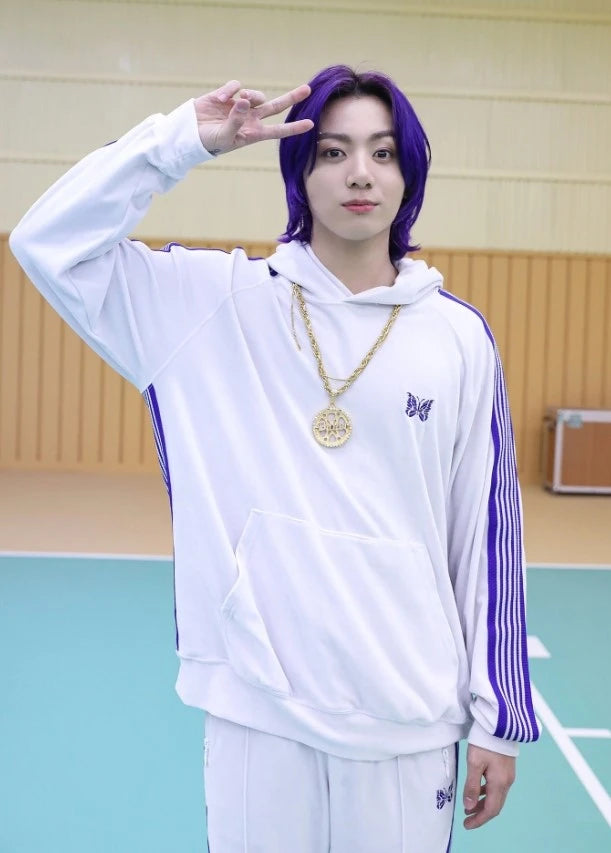 Jungkook-Inspired White Butterfly Striped Track Pants – BTS Edition