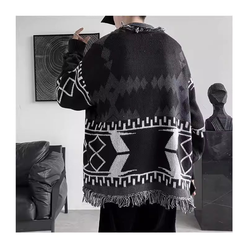 Jin-Inspired Black Aztec Frilled Cardigan – BTS Edition