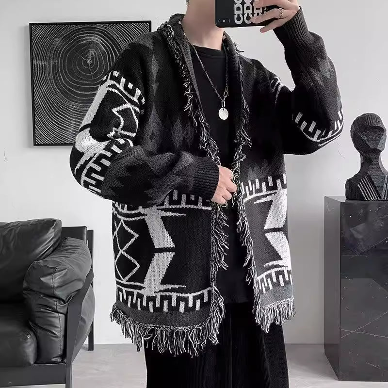 Jin-Inspired Black Aztec Frilled Cardigan – BTS Edition