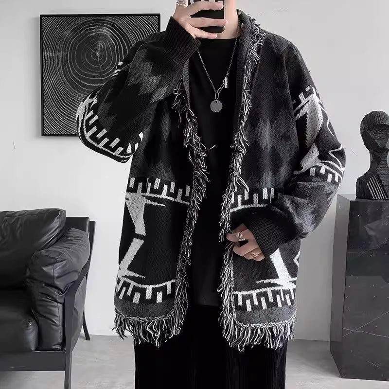 Jin-Inspired Black Aztec Frilled Cardigan – BTS Edition