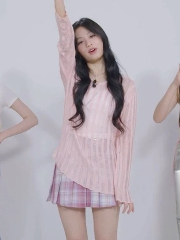 Ahyeon-Inspired Pink Striped Sheer Sweater – BabyMonster Edition