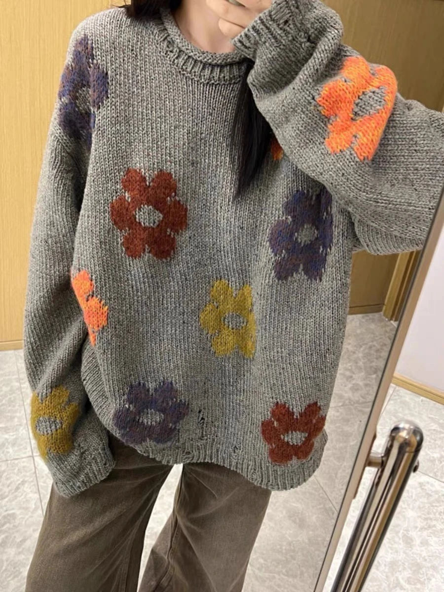 RM-Inspired Grey Floral Print Knit Sweater – BTS Edition