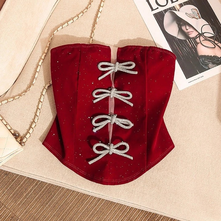 Ahyeon-Inspired Red Corset Top with Bowknot Accent – BabyMonster Edition