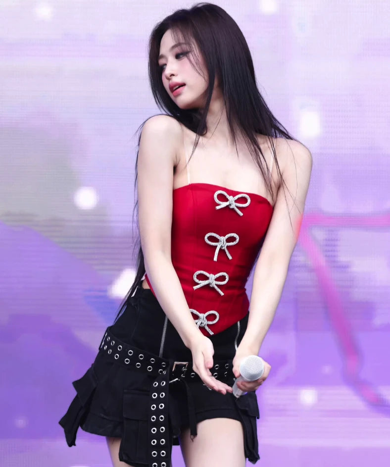 Ahyeon-Inspired Red Corset Top with Bowknot Accent – BabyMonster Edition