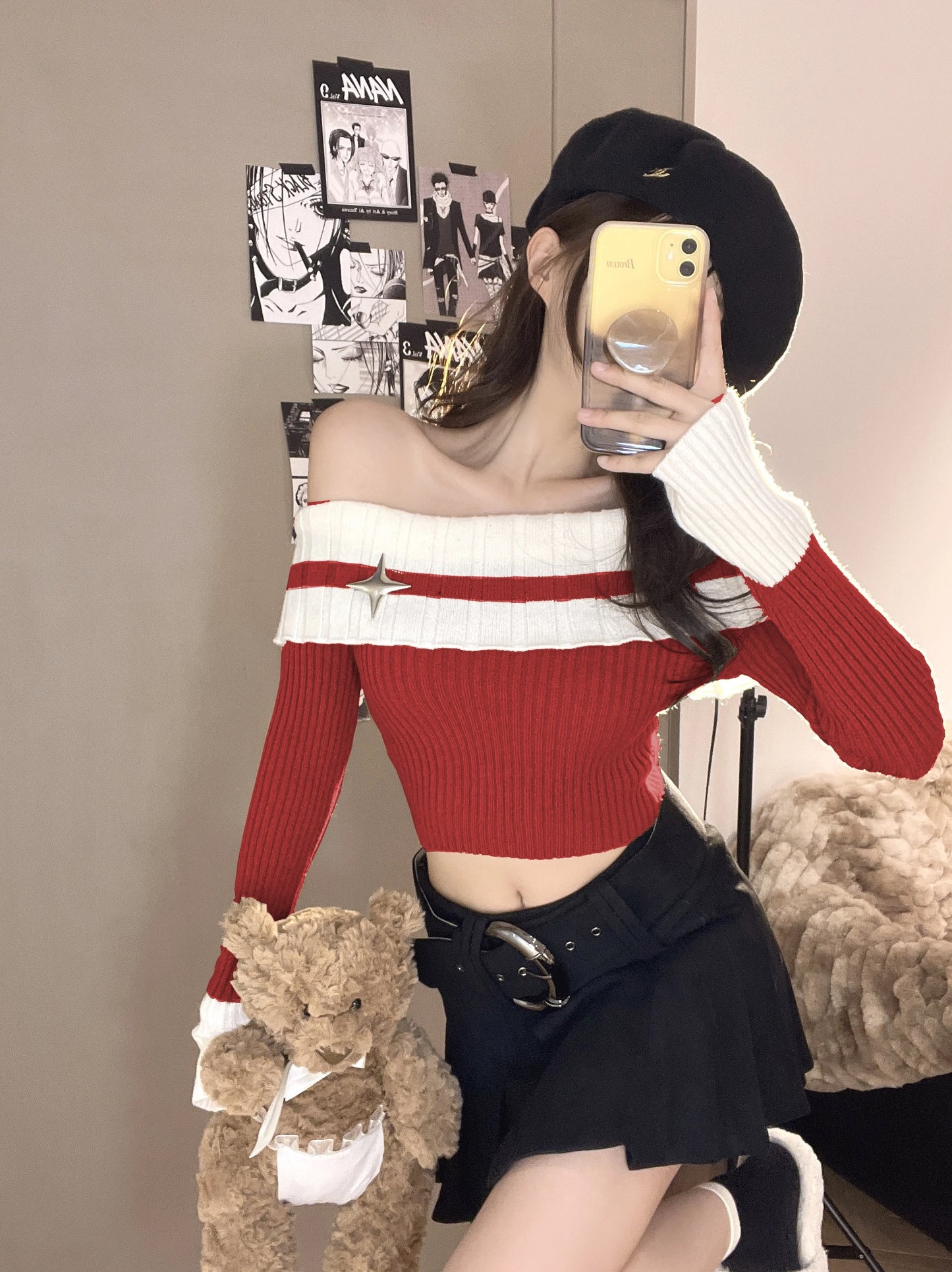 Pharita-Inspired Red Off-Shoulder Knit Top – BabyMonster Edition