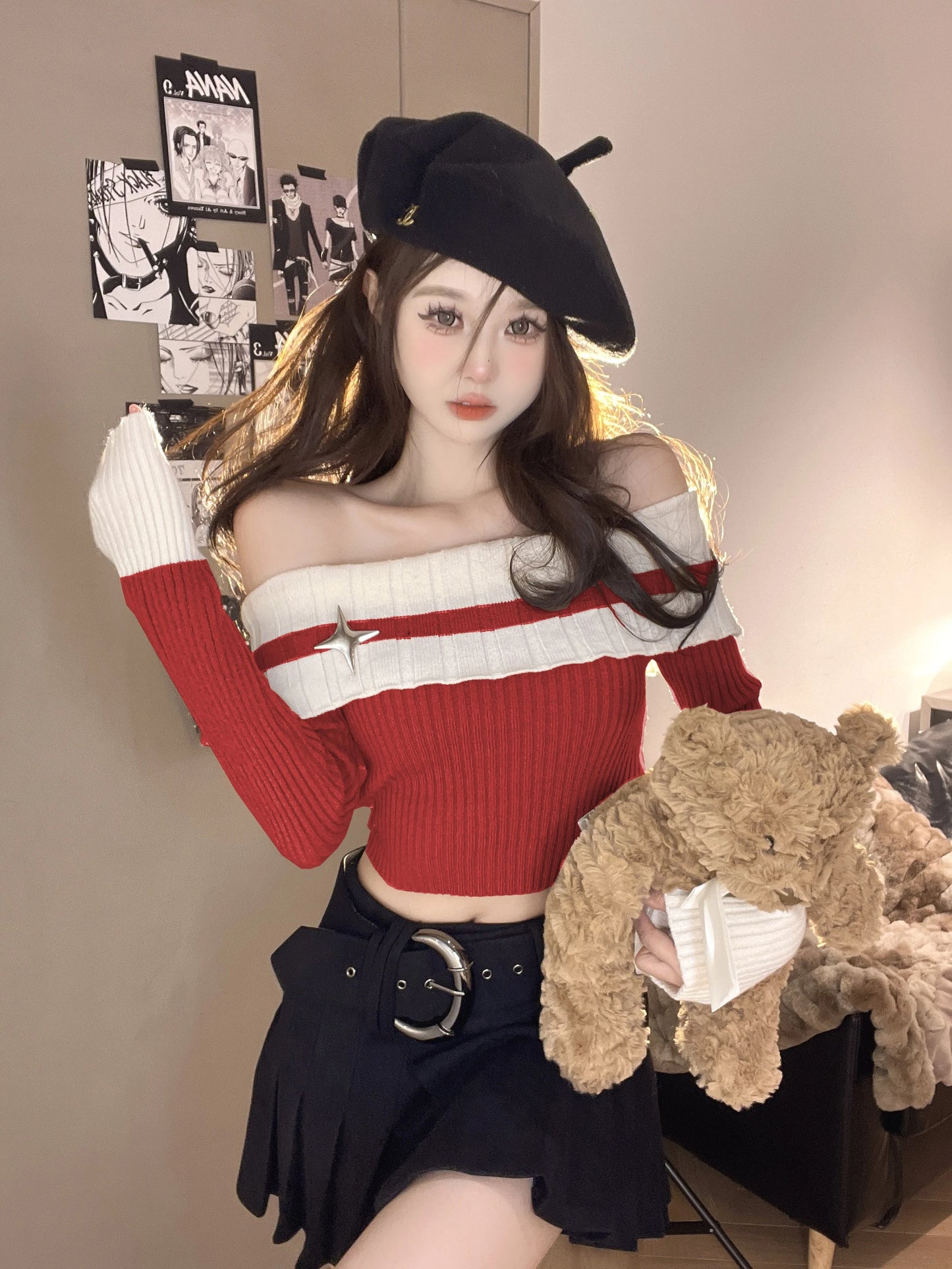 Pharita-Inspired Red Off-Shoulder Knit Top – BabyMonster Edition