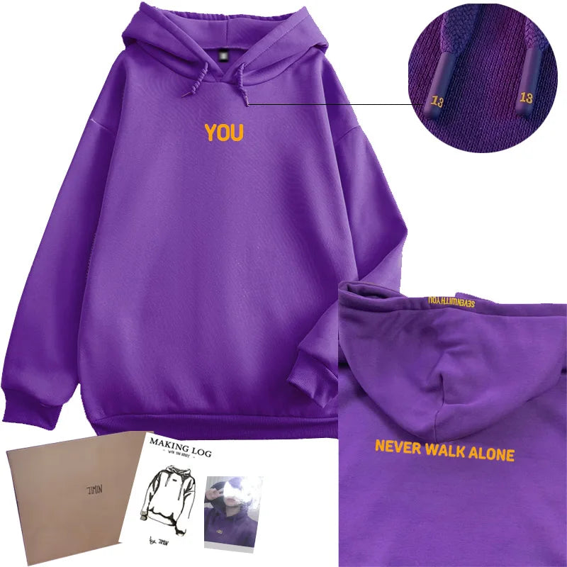Jimin-Inspired Purple “You Never Walk Alone” Hoodie – BTS Edition