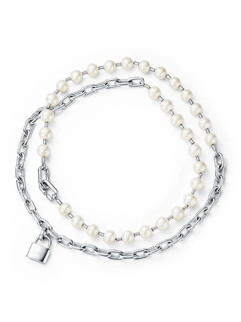 Jimin-Inspired Silver Chain and Pearl Padlock Necklace – BTS Edition