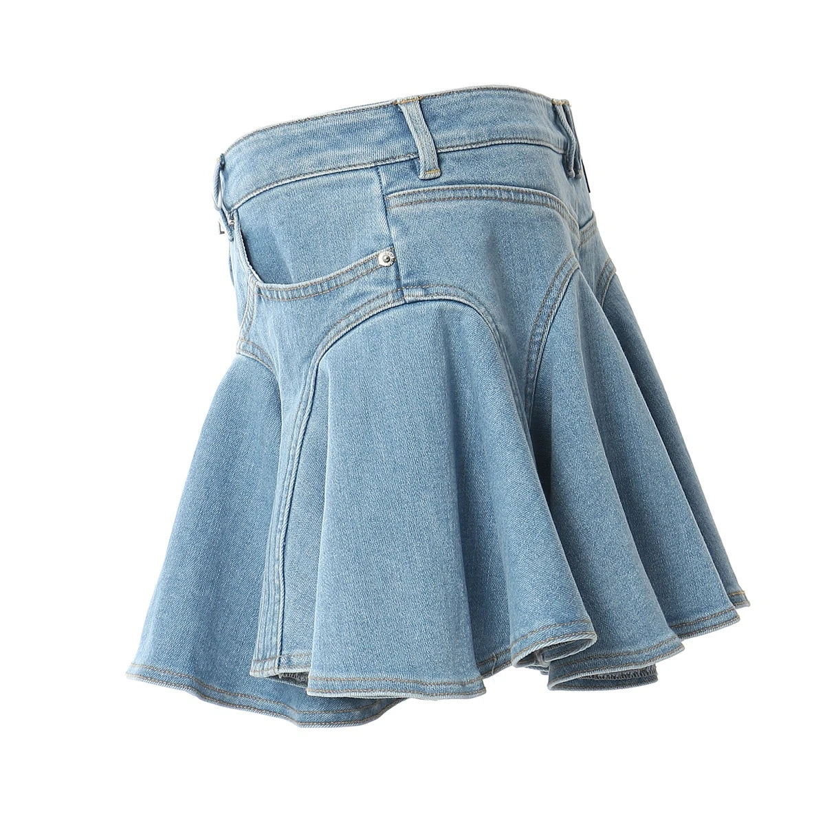 Ruka-Inspired Blue Zip-Up Ruffled Denim Skirt – BabyMonster Edition