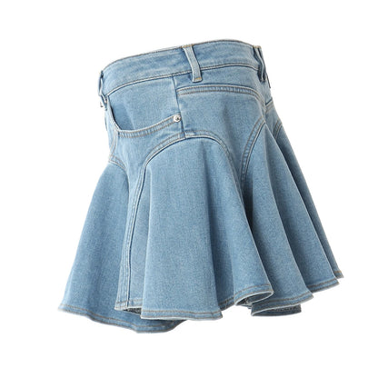 Ruka-Inspired Blue Zip-Up Ruffled Denim Skirt – BabyMonster Edition