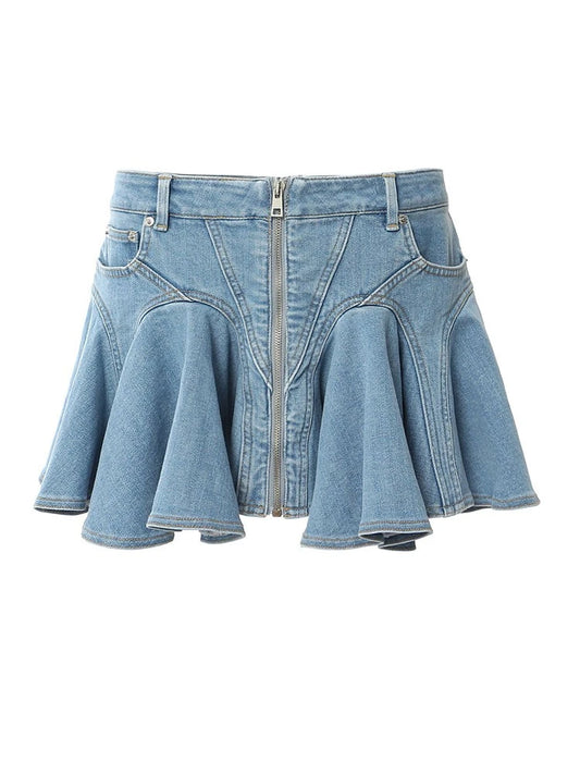 Ruka-Inspired Blue Zip-Up Ruffled Denim Skirt – BabyMonster Edition