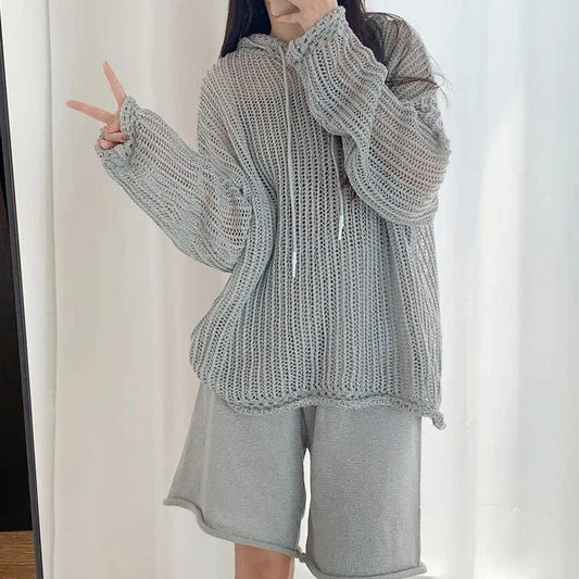 Jungkook-Inspired Grey Fishnet Drawstring Hoodie – BTS Edition