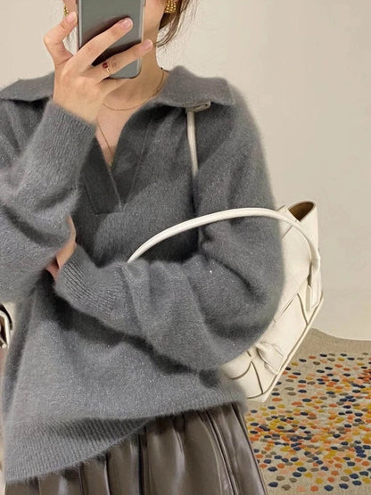 Taehyung-Inspired Grey Wide Collar Mink Sweater – BTS Edition