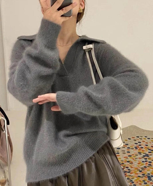 Taehyung-Inspired Grey Wide Collar Mink Sweater – BTS Edition