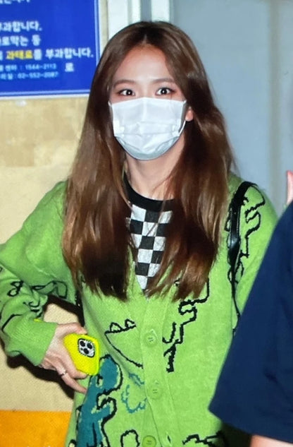 Jisoo-Inspired Green Cartoon Dinosaur Cardigan – BlackPink Edition