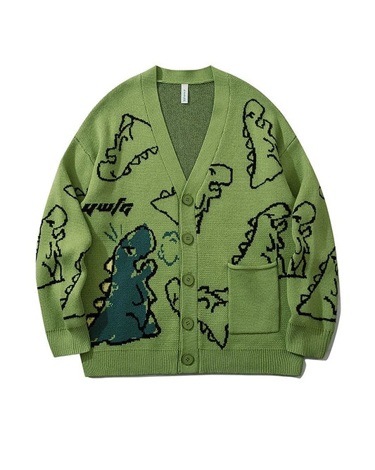 Jisoo-Inspired Green Cartoon Dinosaur Cardigan – BlackPink Edition