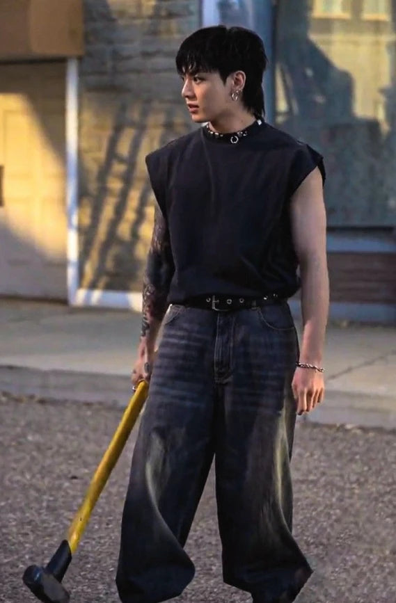 Jungkook-Inspired Black Baggy Washed Denim Jeans – BTS Edition