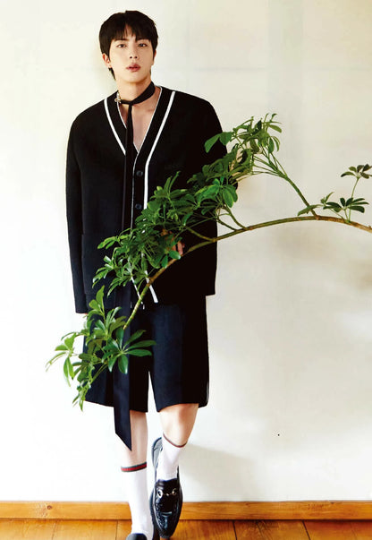 Jin-Inspired Navy Blue Lined V-Neck Cardigan – BTS Edition