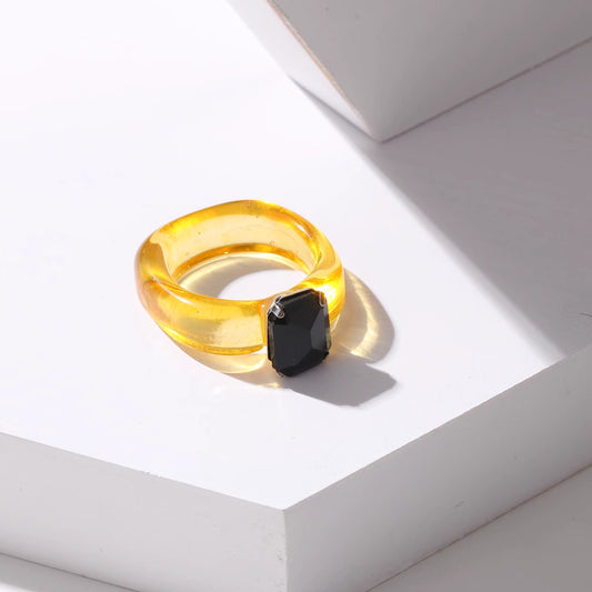 Taehyung-Inspired Yellow Acrylic Ring with Black Gemstone – BTS Edition