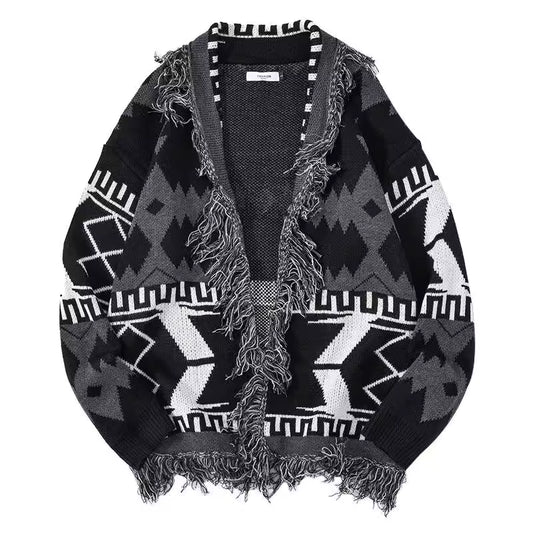Jin-Inspired Black Aztec Frilled Cardigan – BTS Edition