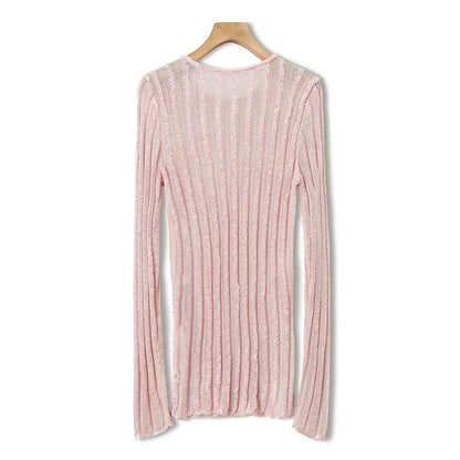 Ahyeon-Inspired Pink Striped Sheer Sweater – BabyMonster Edition