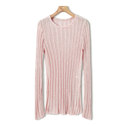Ahyeon-Inspired Pink Striped Sheer Sweater – BabyMonster Edition