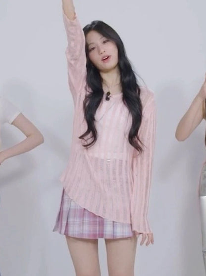 Ahyeon-Inspired Pink Striped Sheer Sweater – BabyMonster Edition