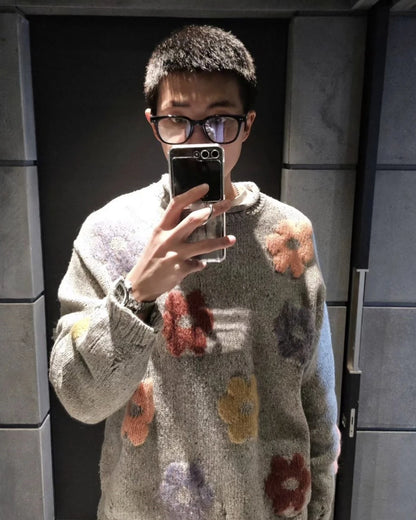RM-Inspired Grey Floral Print Knit Sweater – BTS Edition