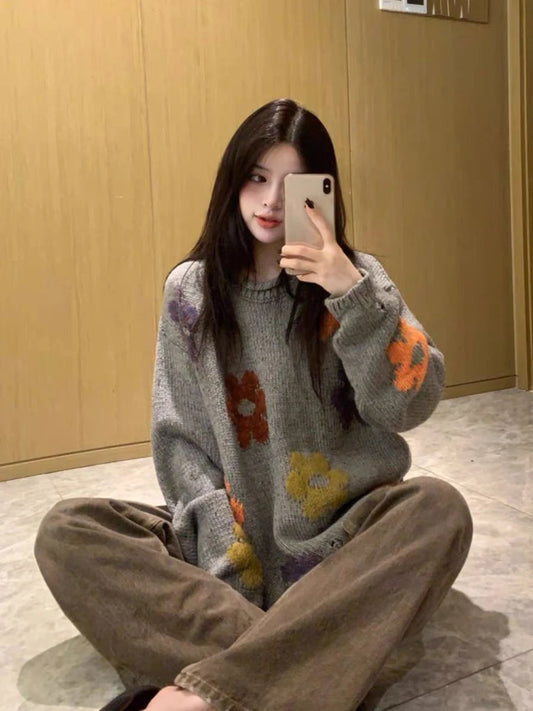 RM-Inspired Grey Floral Print Knit Sweater – BTS Edition