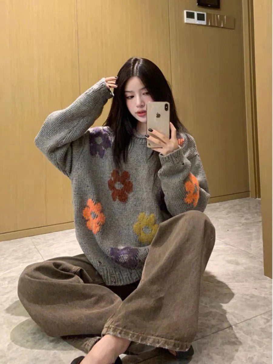RM-Inspired Grey Floral Print Knit Sweater – BTS Edition
