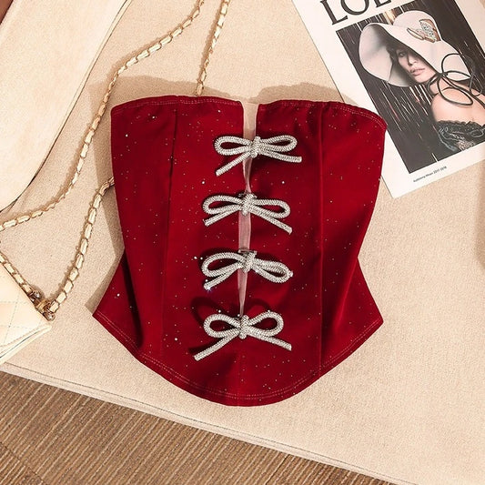Ahyeon-Inspired Red Corset Top with Bowknot Accent – BabyMonster Edition