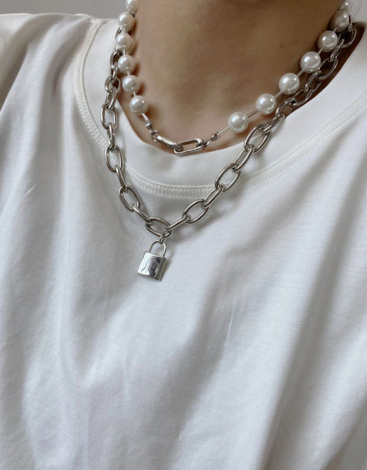 Jimin-Inspired Silver Chain and Pearl Padlock Necklace – BTS Edition
