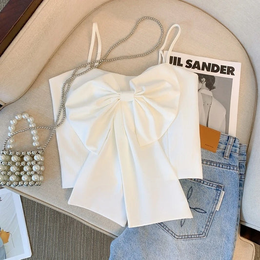 Pharita-Inspired White Bow Accent Cropped Top – BabyMonster Edition