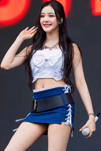 Pharita-Inspired White Bow Accent Cropped Top – BabyMonster Edition