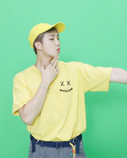 RM-Inspired Yellow “Smile For Me” Print T-Shirt – BTS Edition